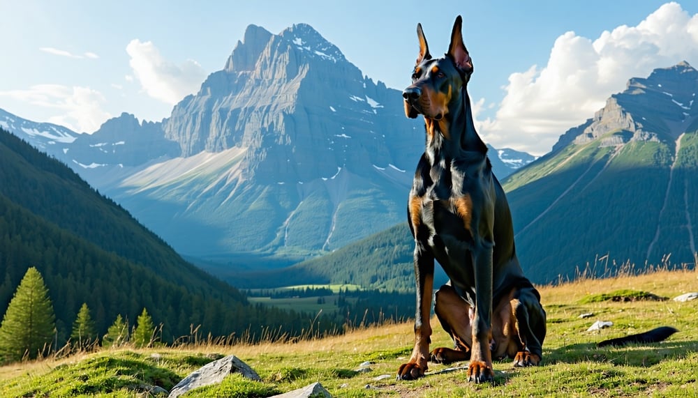 A majestic Doberman standing in a mountain landscape A majestic Doberman standing in a mountain landscape